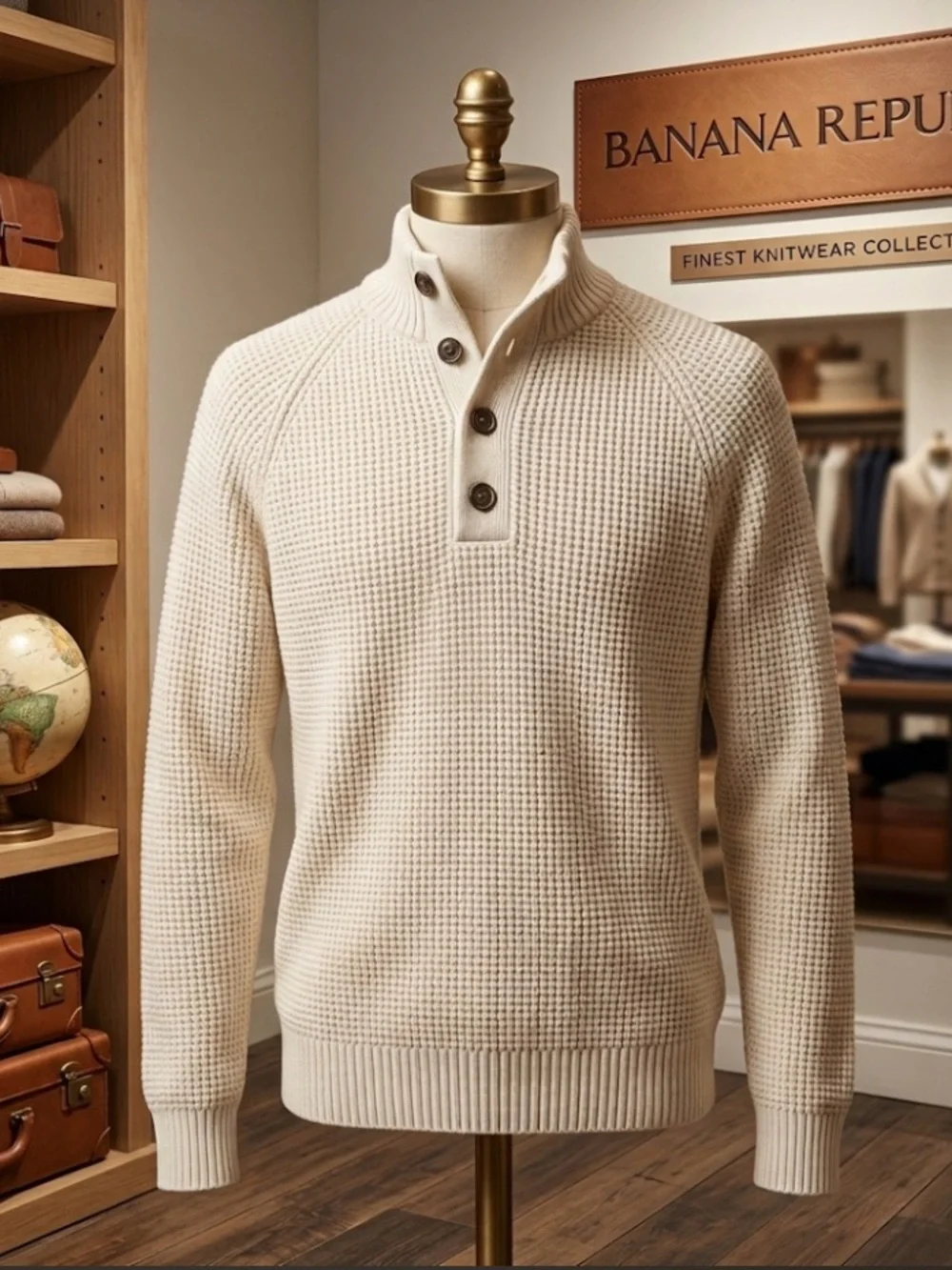 Banana Republic Marino Wool Men's Cream Waffle-Knit Button Mock Neck Sweater